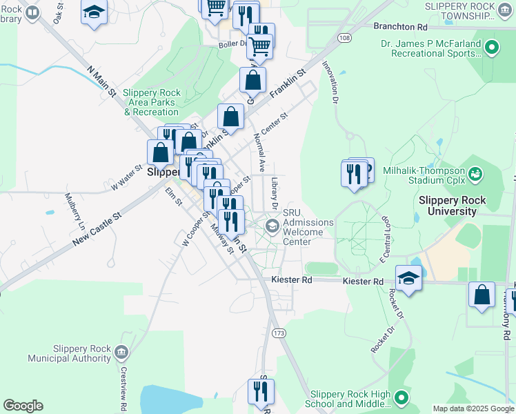 map of restaurants, bars, coffee shops, grocery stores, and more near 342 Normal Avenue in Slippery Rock