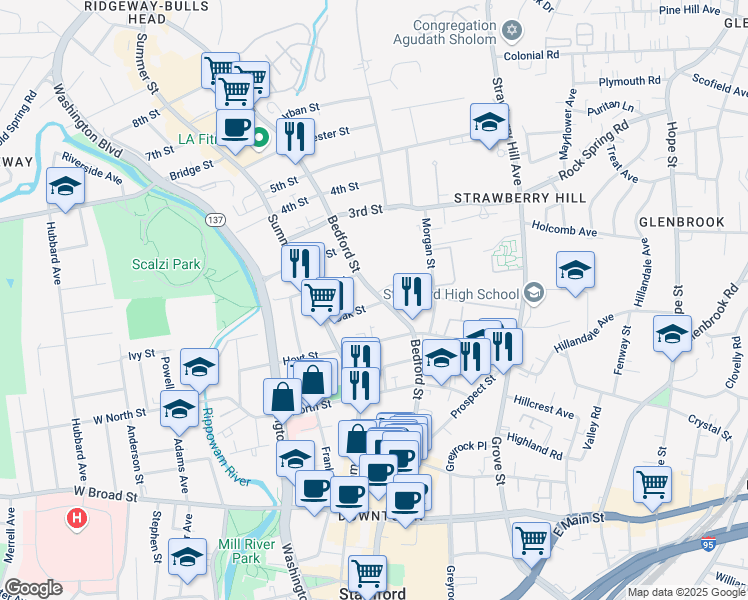 map of restaurants, bars, coffee shops, grocery stores, and more near 50 Bedford Street in Stamford