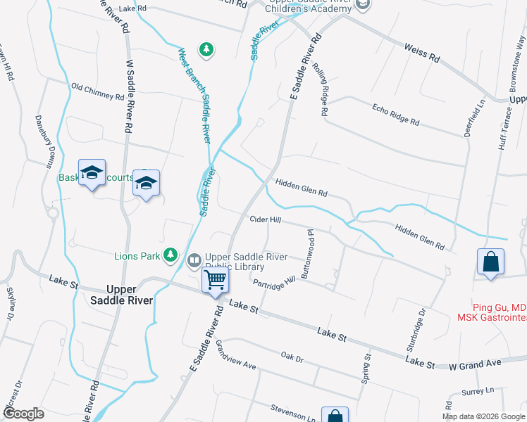 map of restaurants, bars, coffee shops, grocery stores, and more near 11 Cider Hill in Upper Saddle River