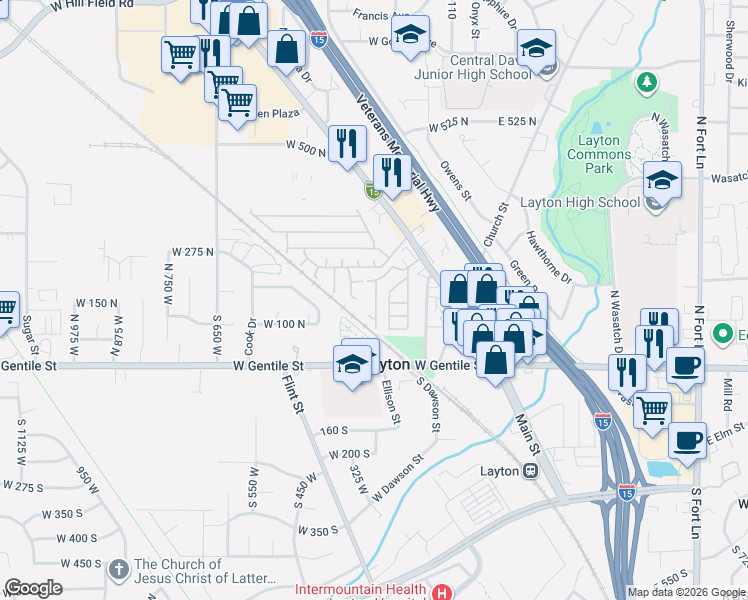 map of restaurants, bars, coffee shops, grocery stores, and more near 231 Main Street in Layton