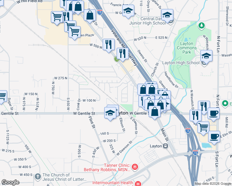 map of restaurants, bars, coffee shops, grocery stores, and more near 231 Main Street in Layton