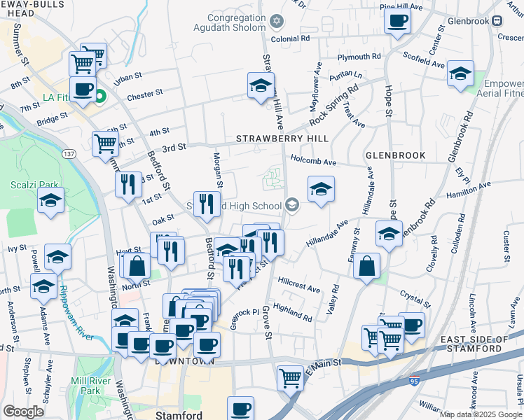 map of restaurants, bars, coffee shops, grocery stores, and more near 140 Hoyt Street in Stamford