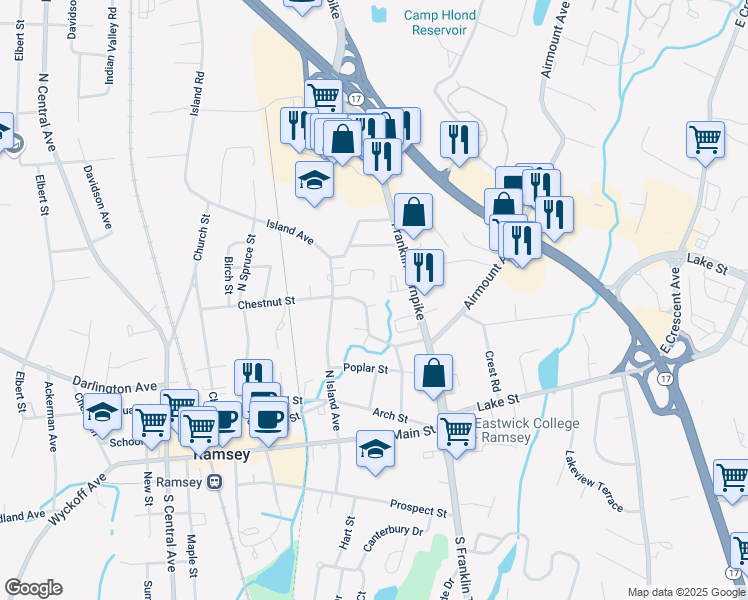 map of restaurants, bars, coffee shops, grocery stores, and more near 23 Thornhill Drive in Ramsey