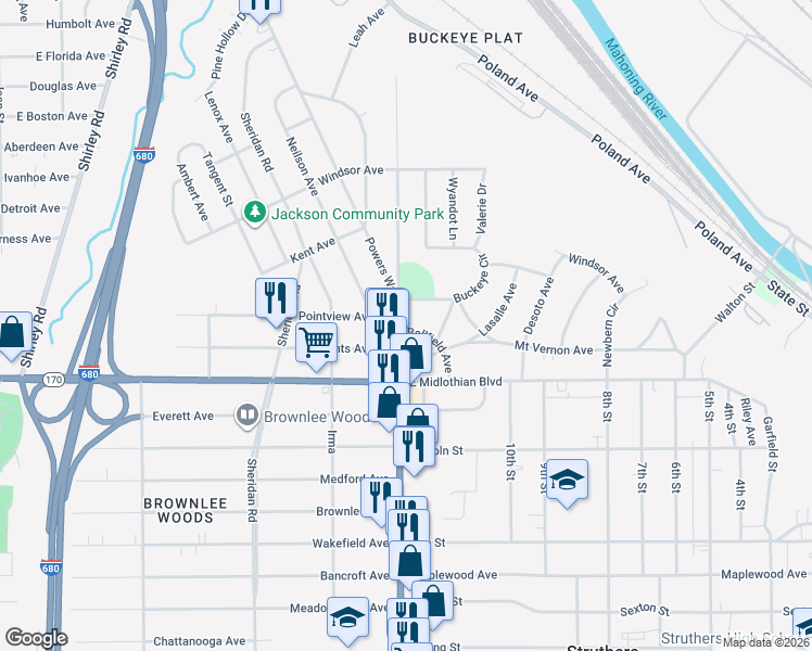 map of restaurants, bars, coffee shops, grocery stores, and more near 3704 Loveland Road in Youngstown