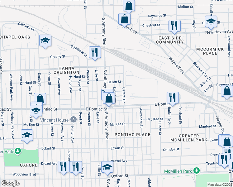 map of restaurants, bars, coffee shops, grocery stores, and more near 2540 Euclid Avenue in Fort Wayne