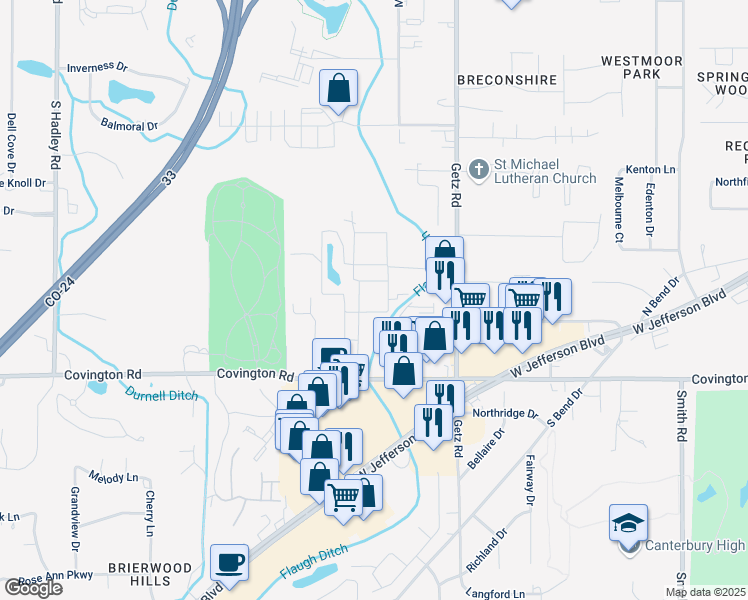 map of restaurants, bars, coffee shops, grocery stores, and more near 6408 Covington Road in Fort Wayne