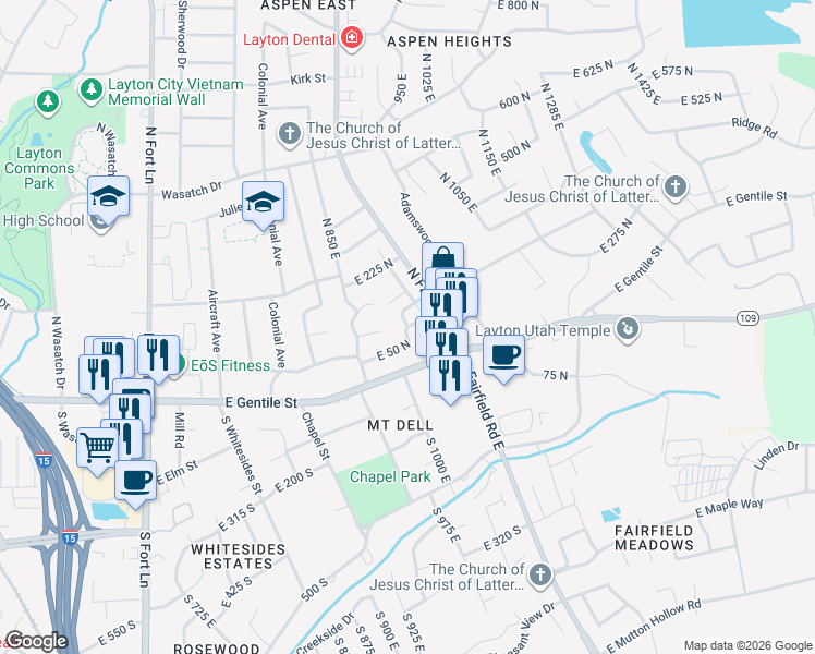map of restaurants, bars, coffee shops, grocery stores, and more near 941 East Egan Street North in Layton
