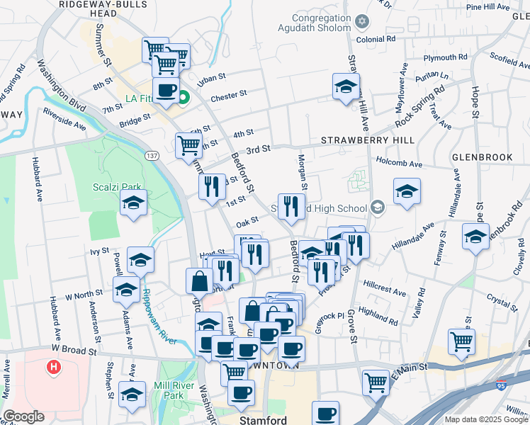 map of restaurants, bars, coffee shops, grocery stores, and more near 50 Bedford Street in Stamford