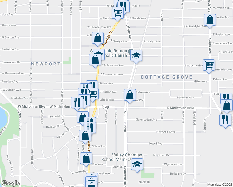map of restaurants, bars, coffee shops, grocery stores, and more near 57 East Judson Avenue in Youngstown