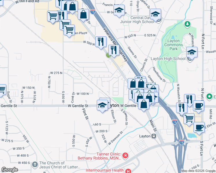 map of restaurants, bars, coffee shops, grocery stores, and more near 231 Main Street in Layton