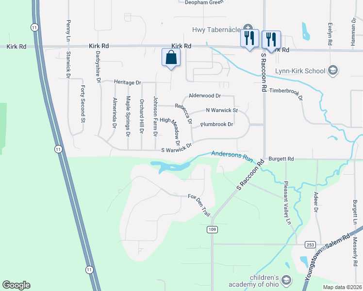 map of restaurants, bars, coffee shops, grocery stores, and more near 4610 South Warwick Drive in Canfield