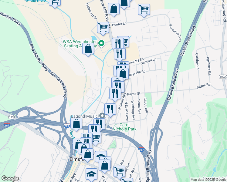 map of restaurants, bars, coffee shops, grocery stores, and more near 5 North Payne Street in Elmsford