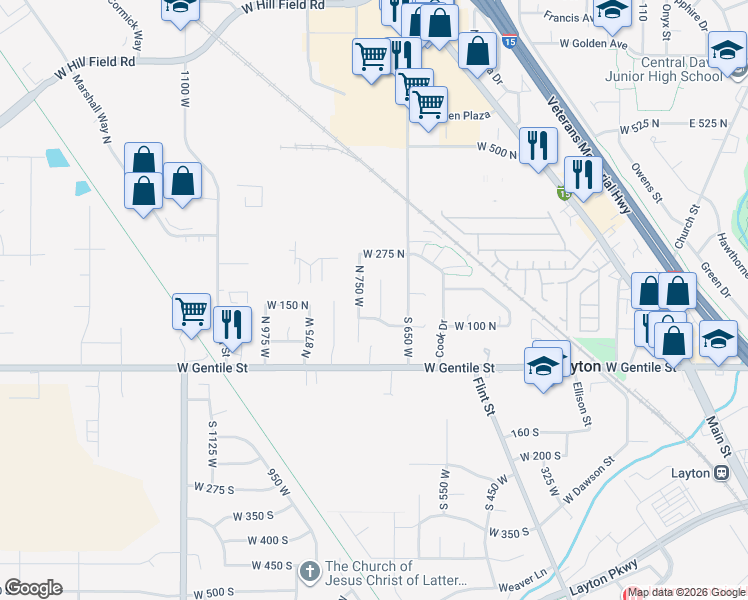 map of restaurants, bars, coffee shops, grocery stores, and more near 143 North 700 West in Layton