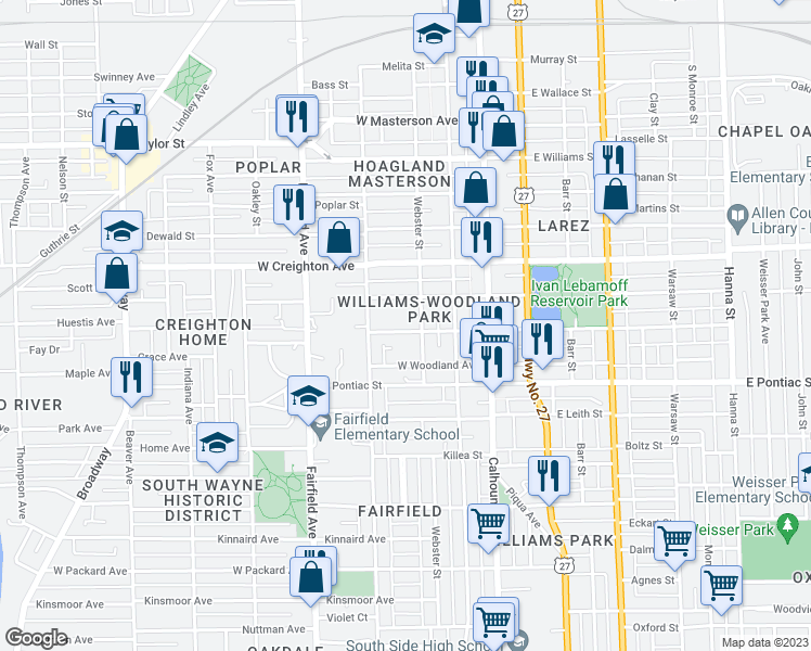 map of restaurants, bars, coffee shops, grocery stores, and more near 316 West Suttenfield Street in Fort Wayne