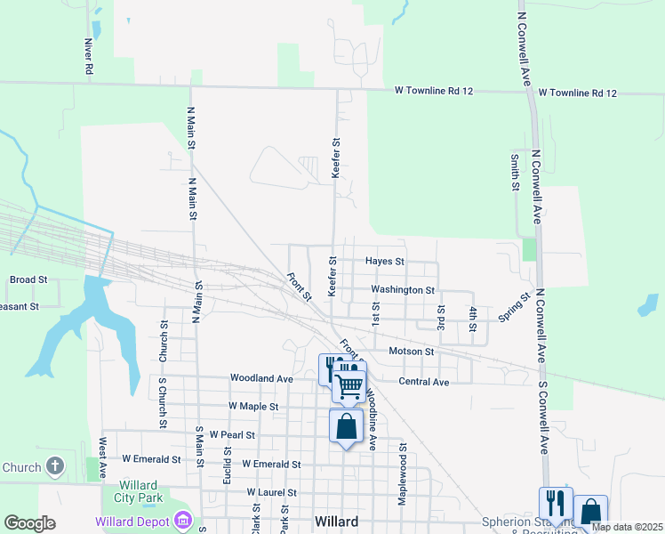 map of restaurants, bars, coffee shops, grocery stores, and more near 323 Keefer Street in Willard