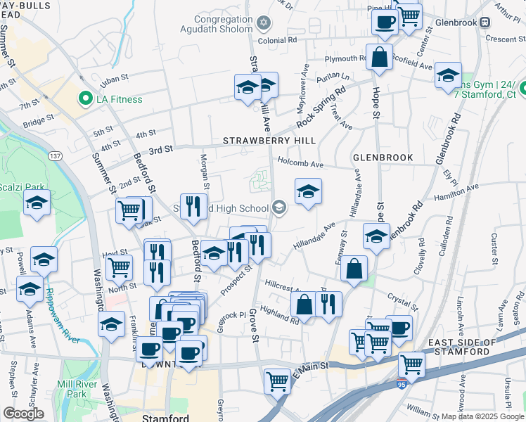 map of restaurants, bars, coffee shops, grocery stores, and more near in Stamford