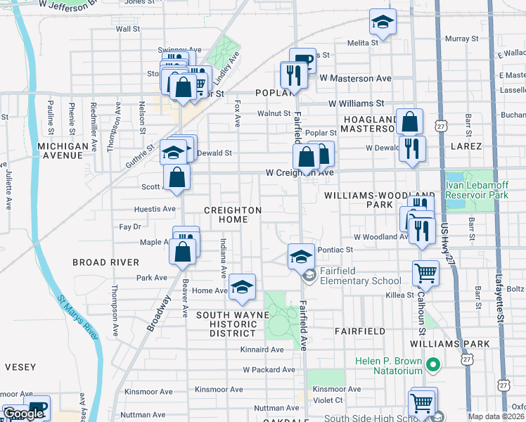 map of restaurants, bars, coffee shops, grocery stores, and more near 2425 South Wayne Avenue in Fort Wayne