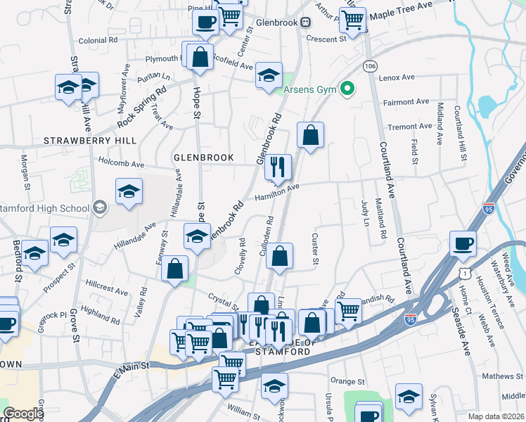 map of restaurants, bars, coffee shops, grocery stores, and more near 9 Penzance Road in Stamford