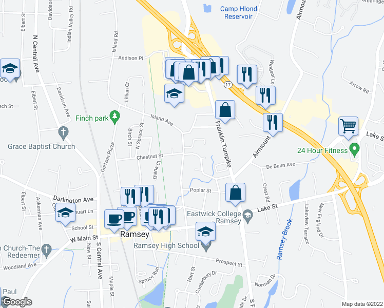 map of restaurants, bars, coffee shops, grocery stores, and more near 1007 Washington Drive in Ramsey