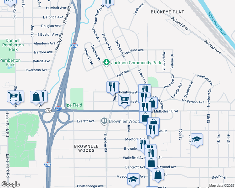 map of restaurants, bars, coffee shops, grocery stores, and more near 1901 Pointview Avenue in Youngstown