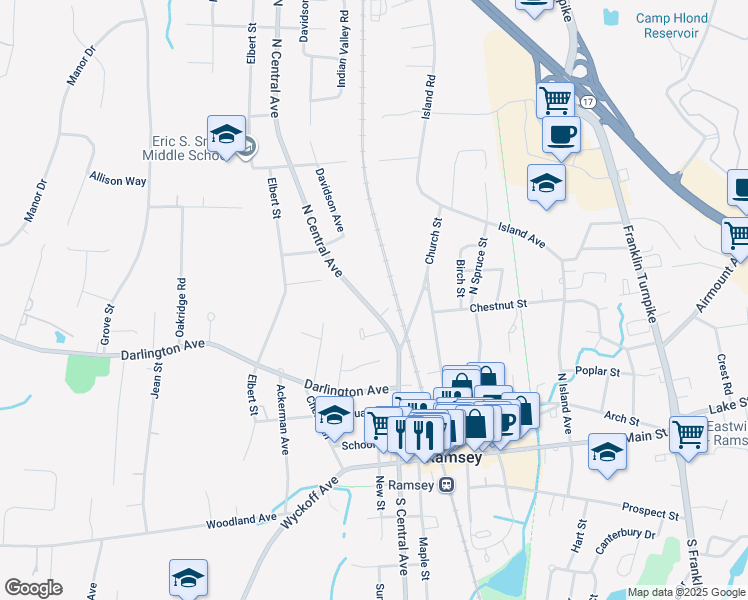 map of restaurants, bars, coffee shops, grocery stores, and more near 154 North Central Avenue in Ramsey