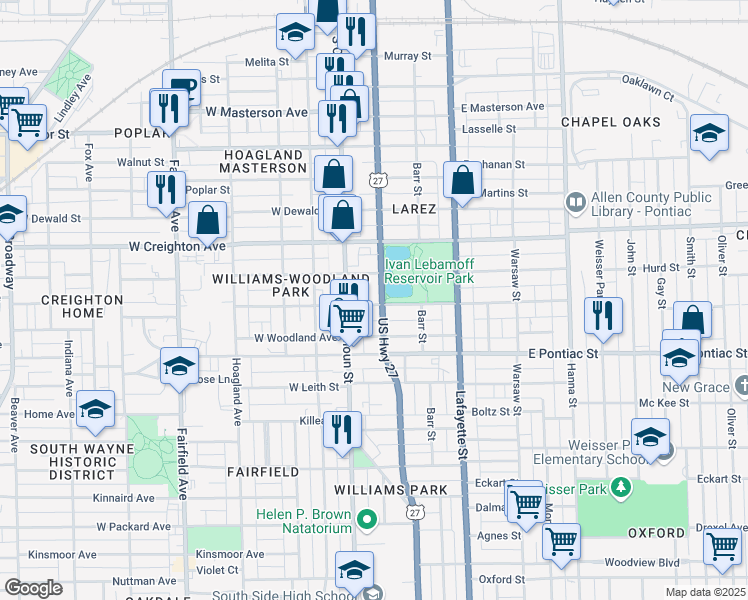 map of restaurants, bars, coffee shops, grocery stores, and more near 129 East Suttenfield Street in Fort Wayne