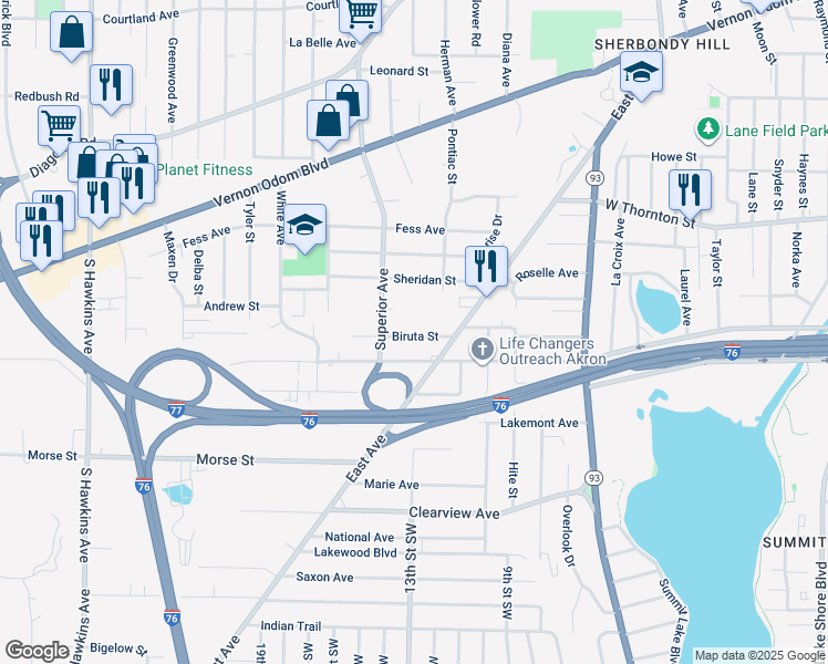 map of restaurants, bars, coffee shops, grocery stores, and more near 805 Biruta Street in Akron