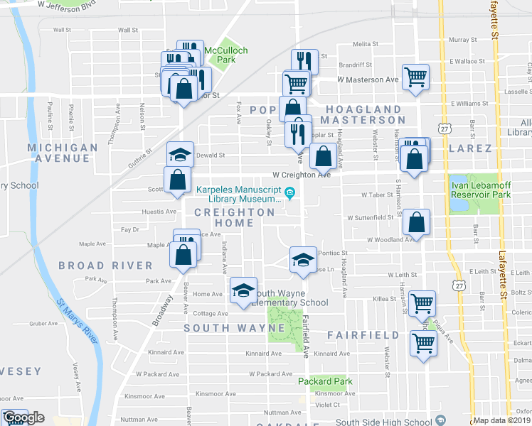 map of restaurants, bars, coffee shops, grocery stores, and more near 2423 South Wayne Avenue in Fort Wayne