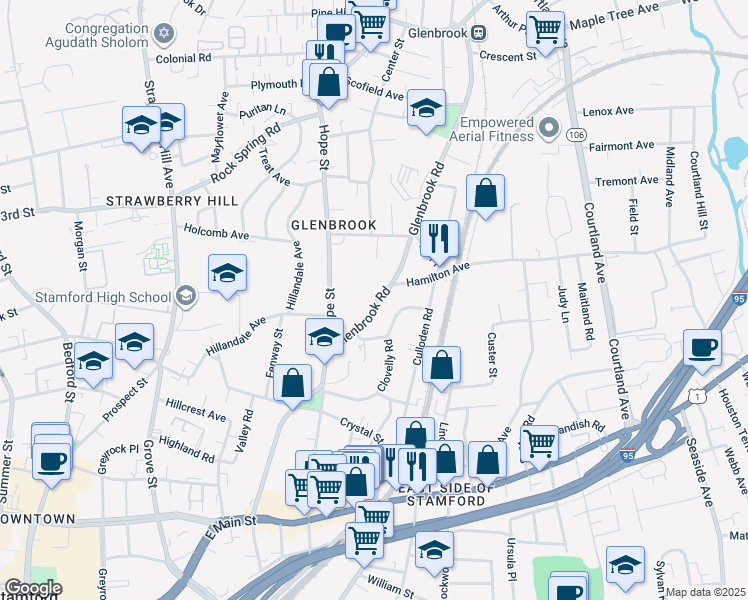 map of restaurants, bars, coffee shops, grocery stores, and more near 253 Glenbrook Road in Stamford