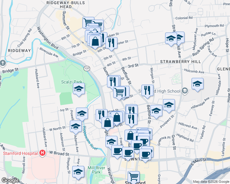 map of restaurants, bars, coffee shops, grocery stores, and more near 127 1st Street in Stamford