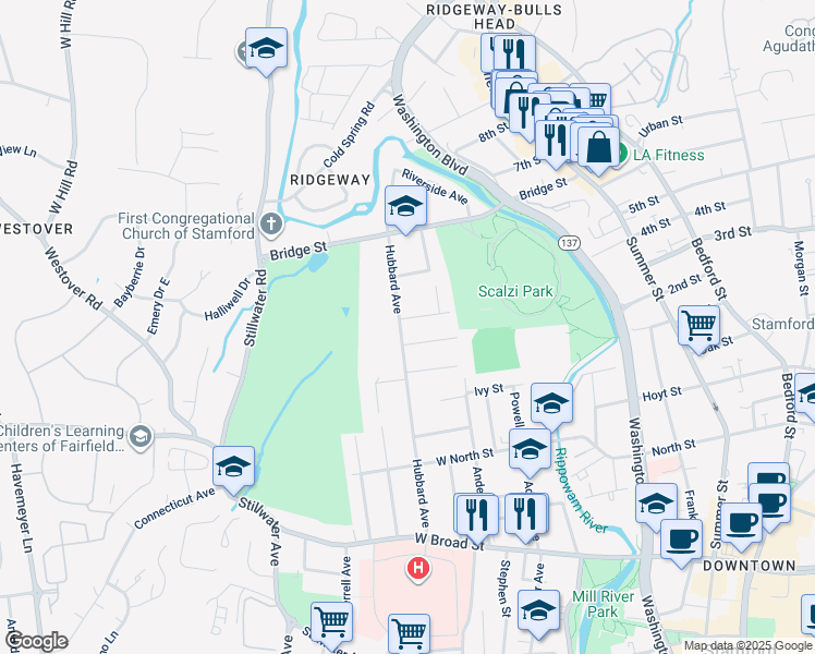 map of restaurants, bars, coffee shops, grocery stores, and more near 191 Hubbard Avenue in Stamford