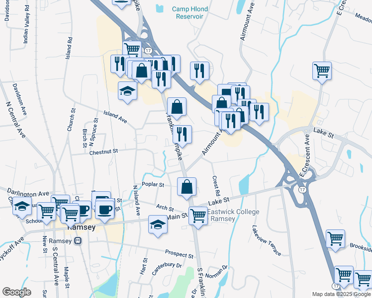 map of restaurants, bars, coffee shops, grocery stores, and more near 33 Chelsea Court in Ramsey