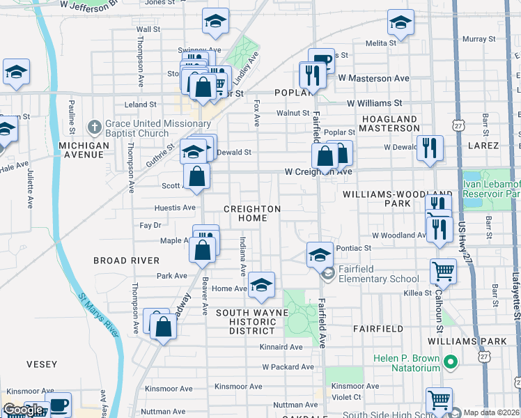 map of restaurants, bars, coffee shops, grocery stores, and more near in Fort Wayne
