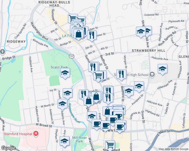 map of restaurants, bars, coffee shops, grocery stores, and more near 1410 Summer Street in Stamford