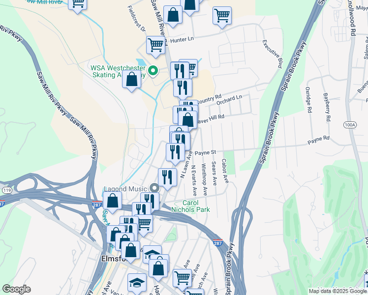 map of restaurants, bars, coffee shops, grocery stores, and more near 5 North Payne Street in Elmsford