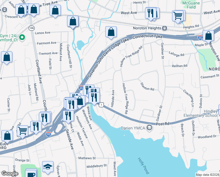 map of restaurants, bars, coffee shops, grocery stores, and more near 31 Hillside Avenue in Darien
