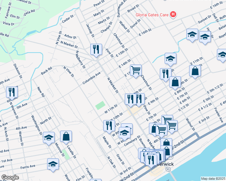 map of restaurants, bars, coffee shops, grocery stores, and more near 1209 N Market St in Berwick
