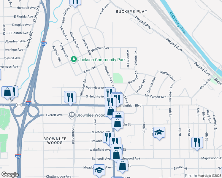 map of restaurants, bars, coffee shops, grocery stores, and more near 3704 Loveland Road in Youngstown