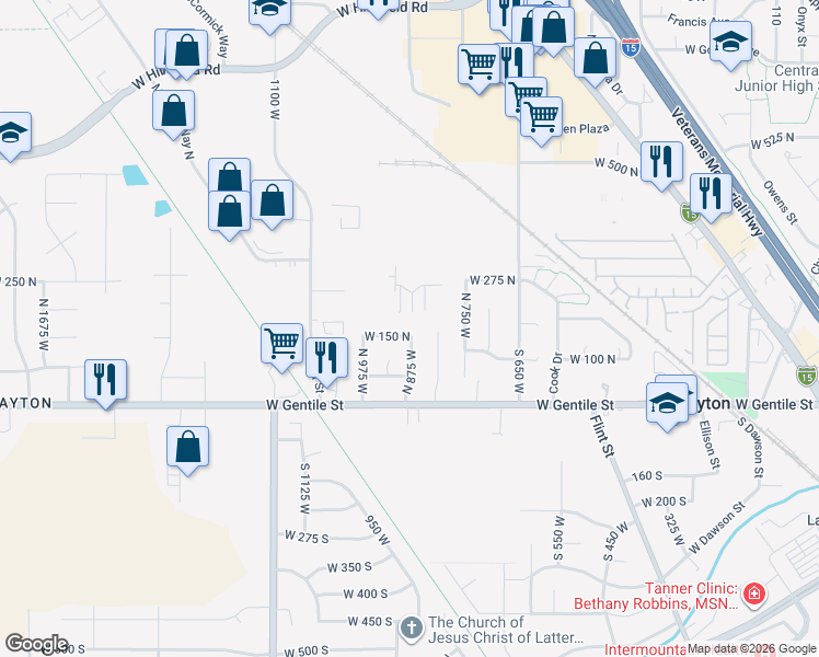 map of restaurants, bars, coffee shops, grocery stores, and more near 880 W 150 N in Layton