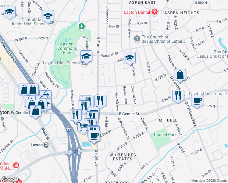 map of restaurants, bars, coffee shops, grocery stores, and more near 109 Aircraft Ave in Layton