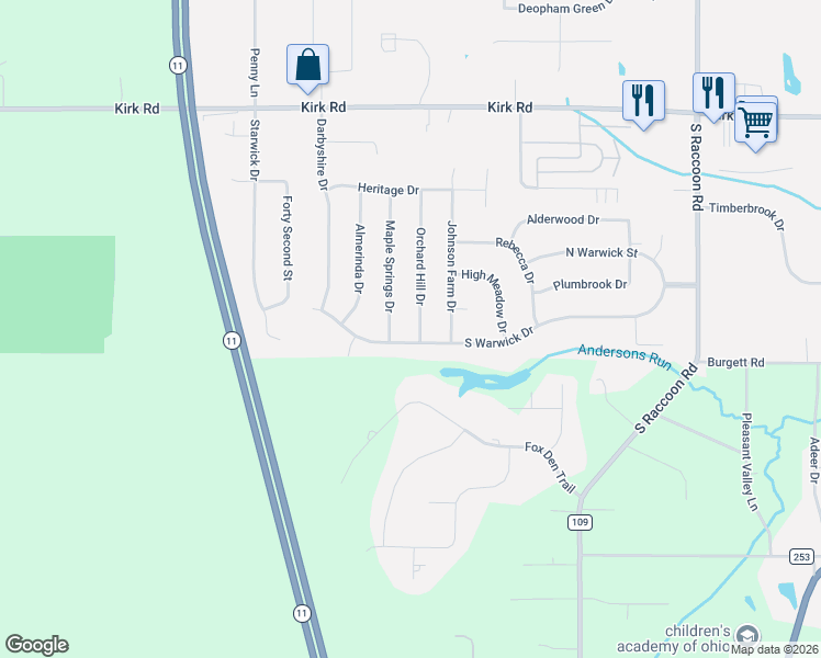 map of restaurants, bars, coffee shops, grocery stores, and more near 3696 Orchard Hill Drive in Canfield