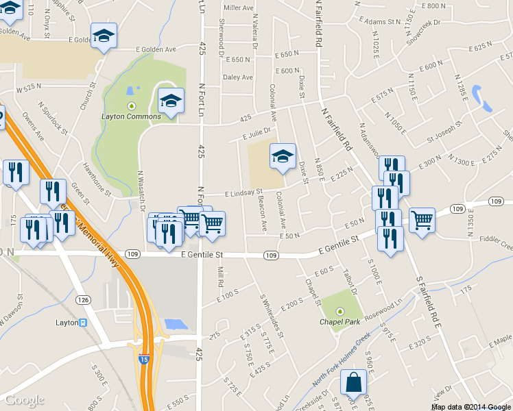 map of restaurants, bars, coffee shops, grocery stores, and more near 109 Beacon Ave in Layton