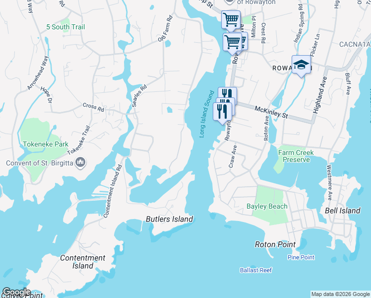map of restaurants, bars, coffee shops, grocery stores, and more near 135 5 Mile River Road in Darien