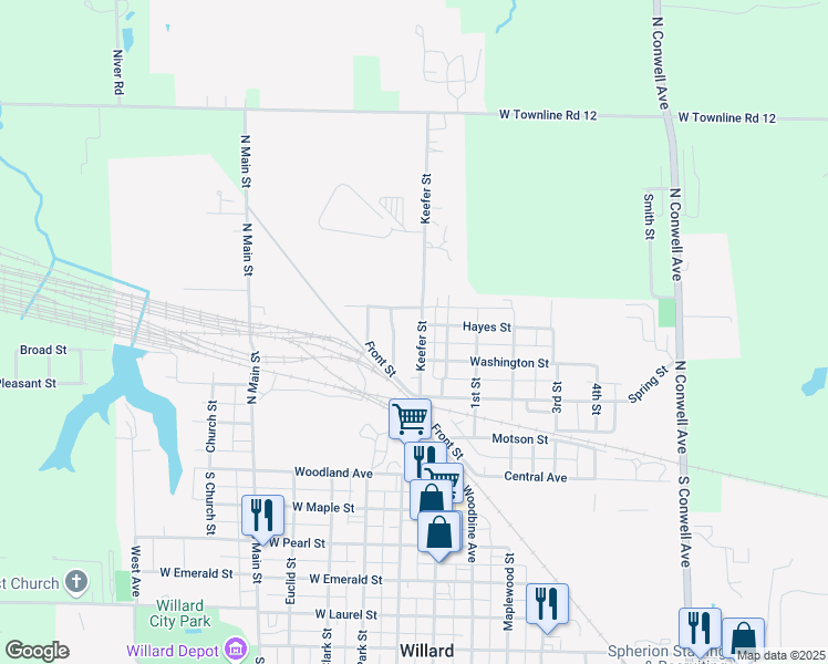map of restaurants, bars, coffee shops, grocery stores, and more near 323 Keefer Street in Willard