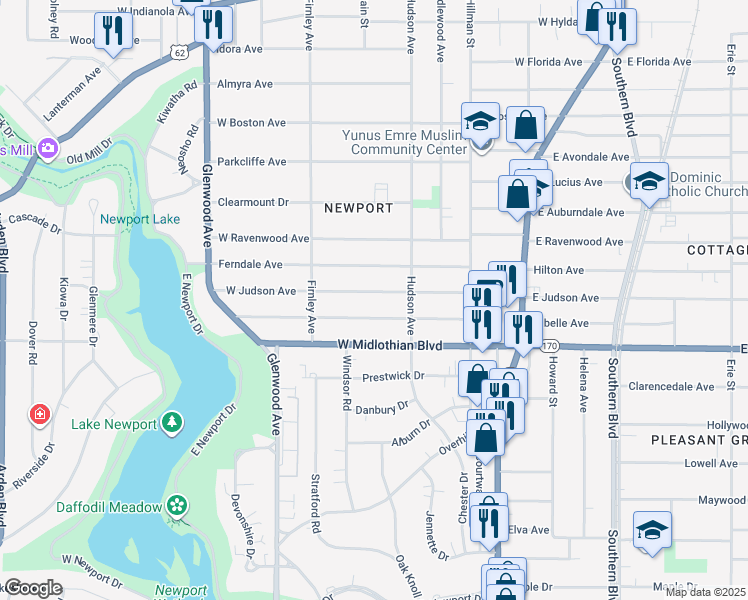 map of restaurants, bars, coffee shops, grocery stores, and more near 447 West Judson Avenue in Youngstown