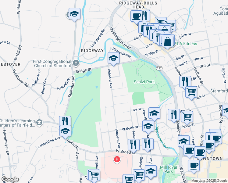 map of restaurants, bars, coffee shops, grocery stores, and more near 191 Hubbard Avenue in Stamford