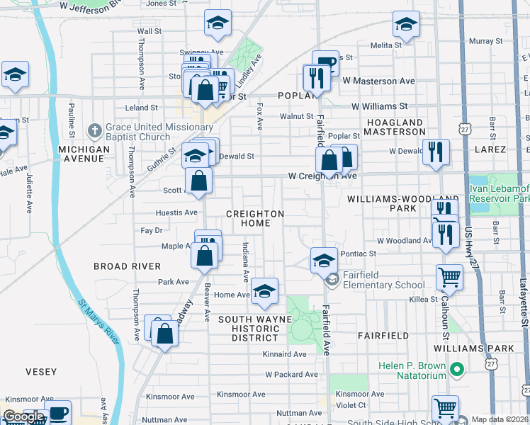 map of restaurants, bars, coffee shops, grocery stores, and more near in Fort Wayne