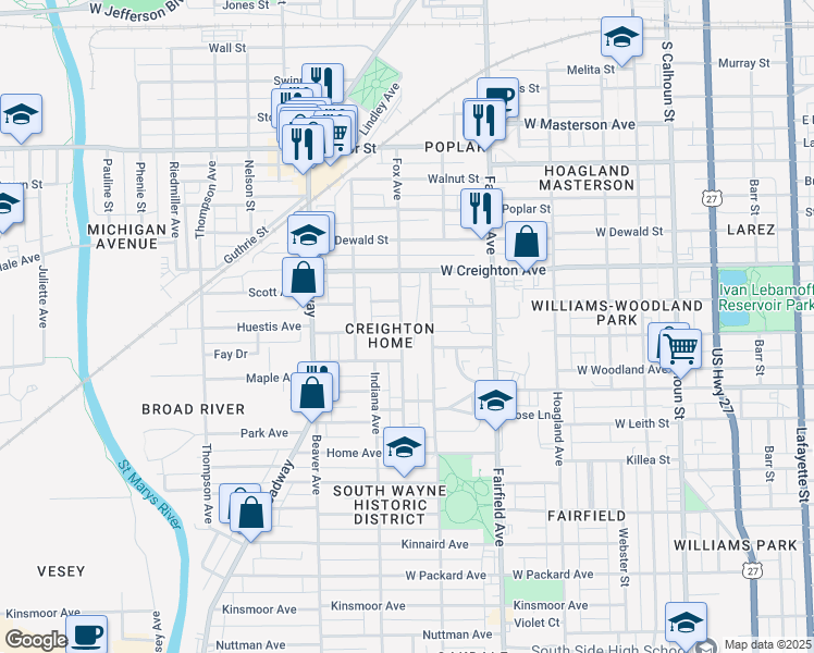 map of restaurants, bars, coffee shops, grocery stores, and more near 2431 Fox Avenue in Fort Wayne