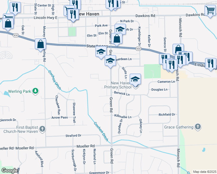 map of restaurants, bars, coffee shops, grocery stores, and more near 1446 Green Road in New Haven