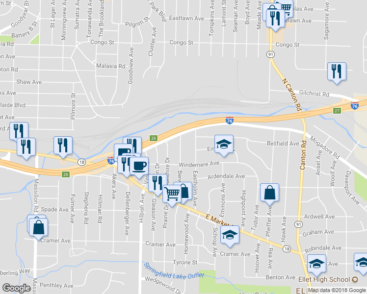 map of restaurants, bars, coffee shops, grocery stores, and more near 31 Berwyck Drive in Akron